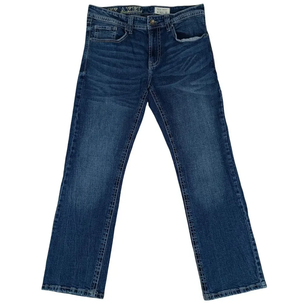 T.K. Axel Slim Boot Jeans Mens 34X31 Blue Embroidered Flaps Western Thick Stitch